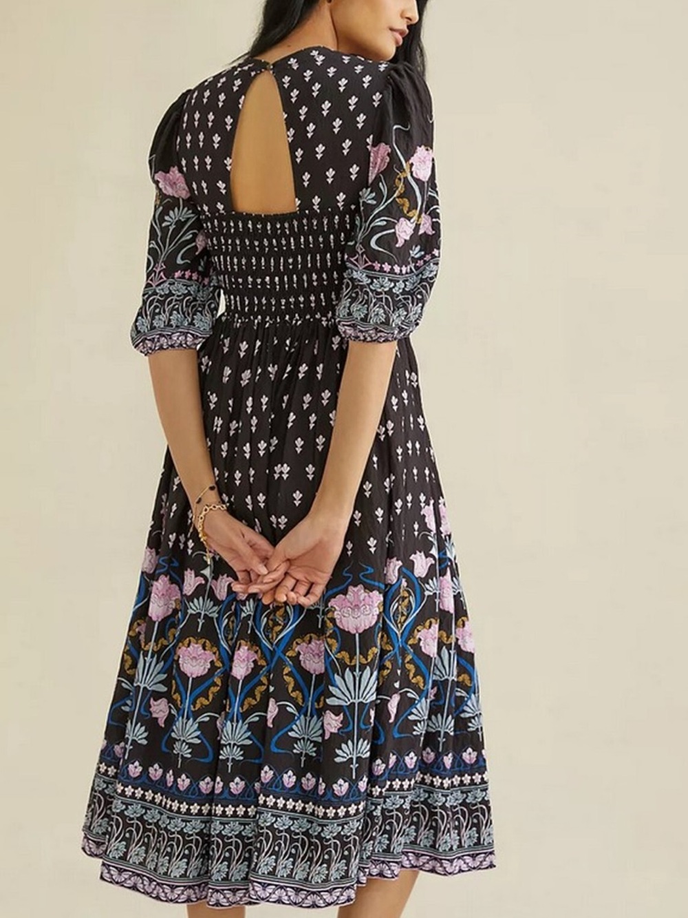 Anthropologie Dasha  Black Midi Dress with Lavender & Blue Floral Border